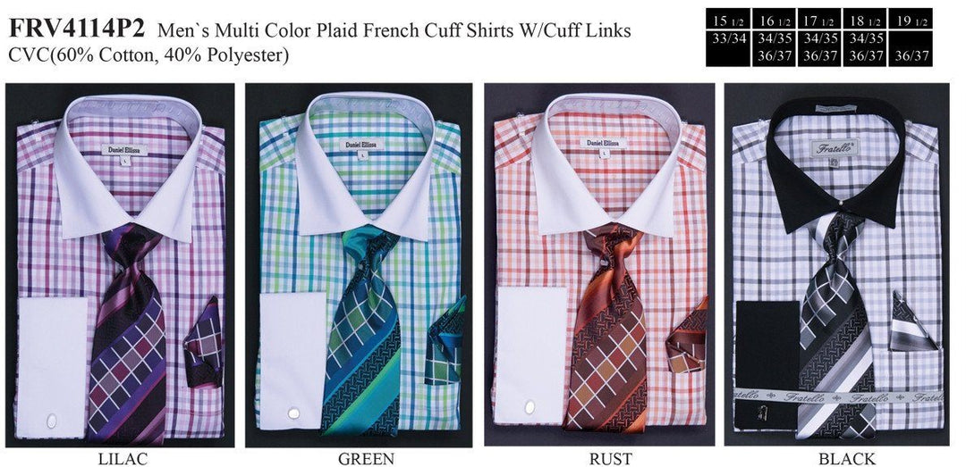 Men's Lilac Plaid Dress Shirts with Tie, Hanky, Cuff Links-Men's Dress Shirts-ABC Fashion
