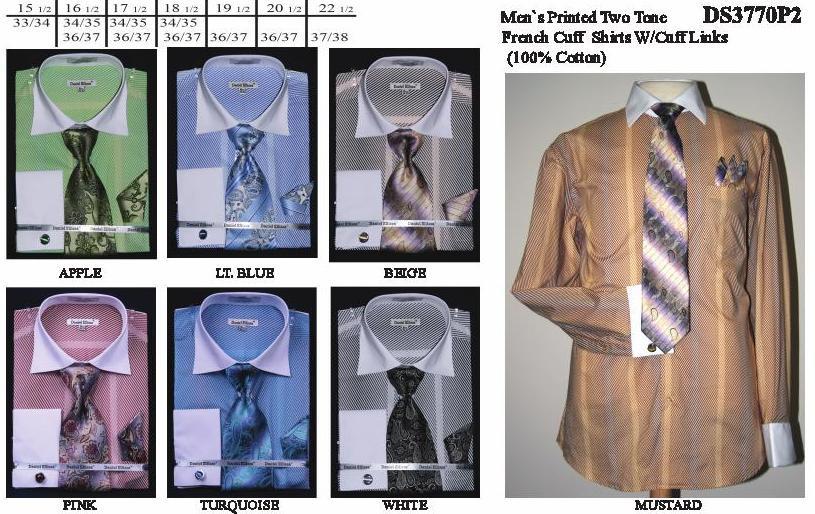 Men's Printed Two Tone French Cuff Dress Shirts with Tie, Hanky, Cufflinks-Men's Dress Shirts-ABC Fashion