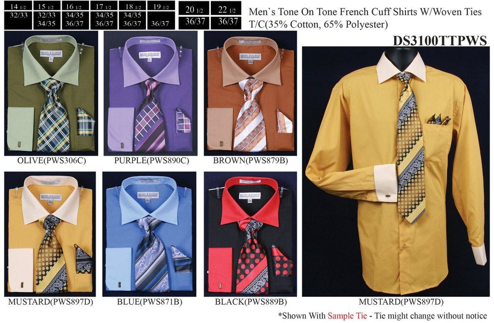 Men's Tone on Tone French Cuff Dress Shirts with Tie and Hanky-Men's Dress Shirts-ABC Fashion
