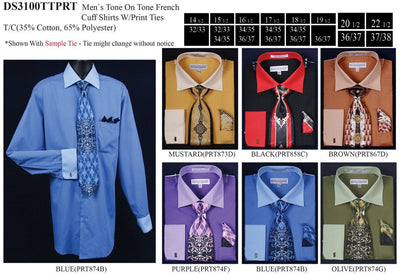 Men's Tone on Tone French Cuff Dress Shirts with Tie and Hanky-Men's Dress Shirts-ABC Fashion