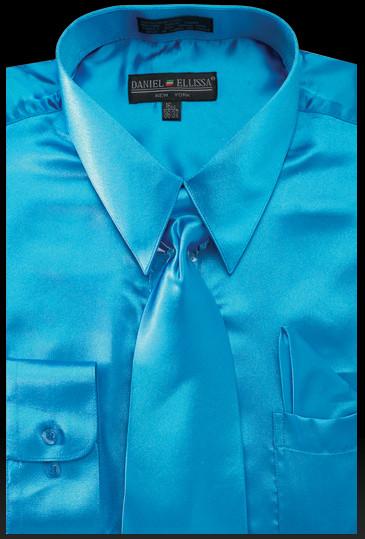 Men's Turquoise Satin Dress Shirt with Tie Handkerchief