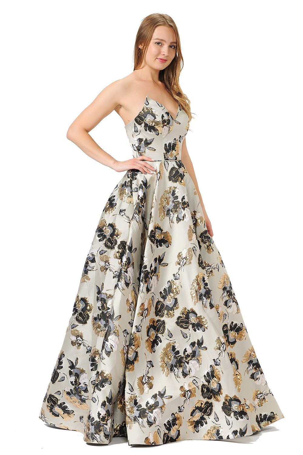 Metallic Floral Print Long Strapless Dress by Poly USA 8484-Long Formal Dresses-ABC Fashion
