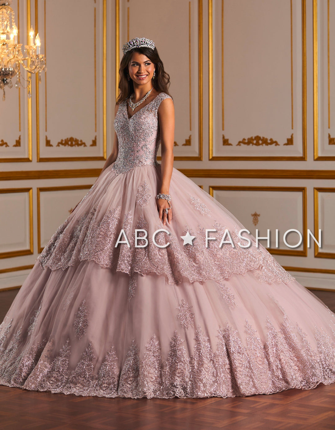 Metallic Lace V-Neck Quinceanera Dress by House of Wu 26927-Quinceanera Dresses-ABC Fashion