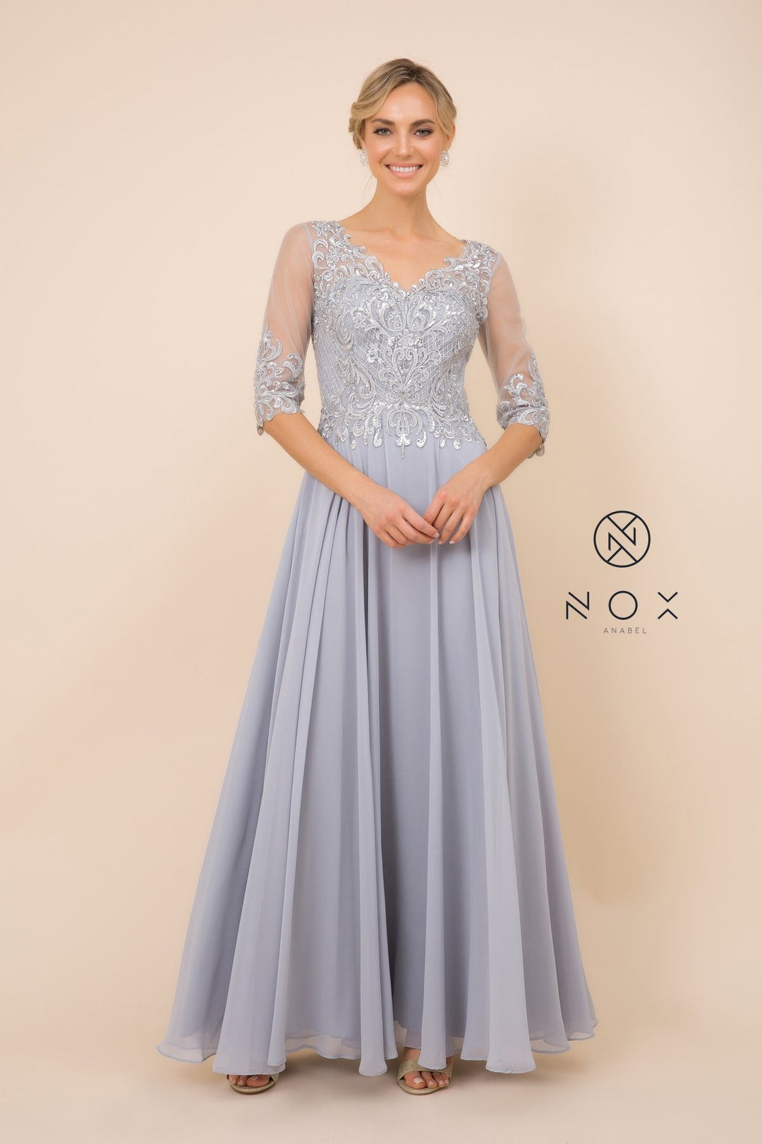 Mid-Sleeve Gown with Applique Bodice by Nox Anabel Y533