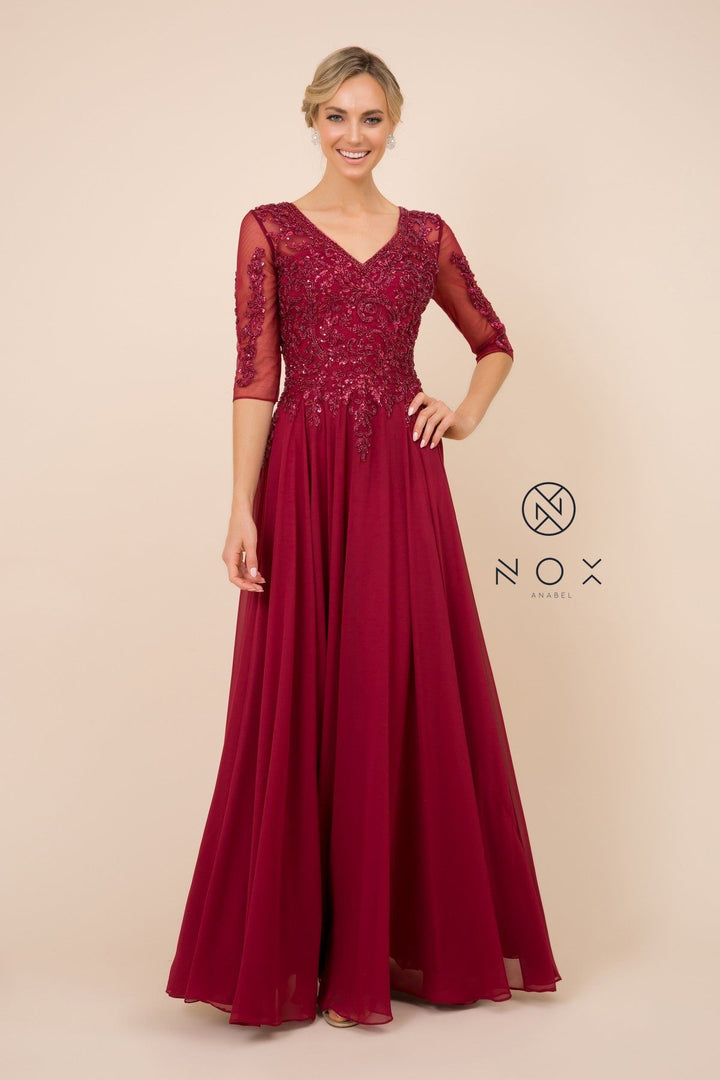 Mid-Sleeve Gown with Sequin Bodice by Nox Anabel H537