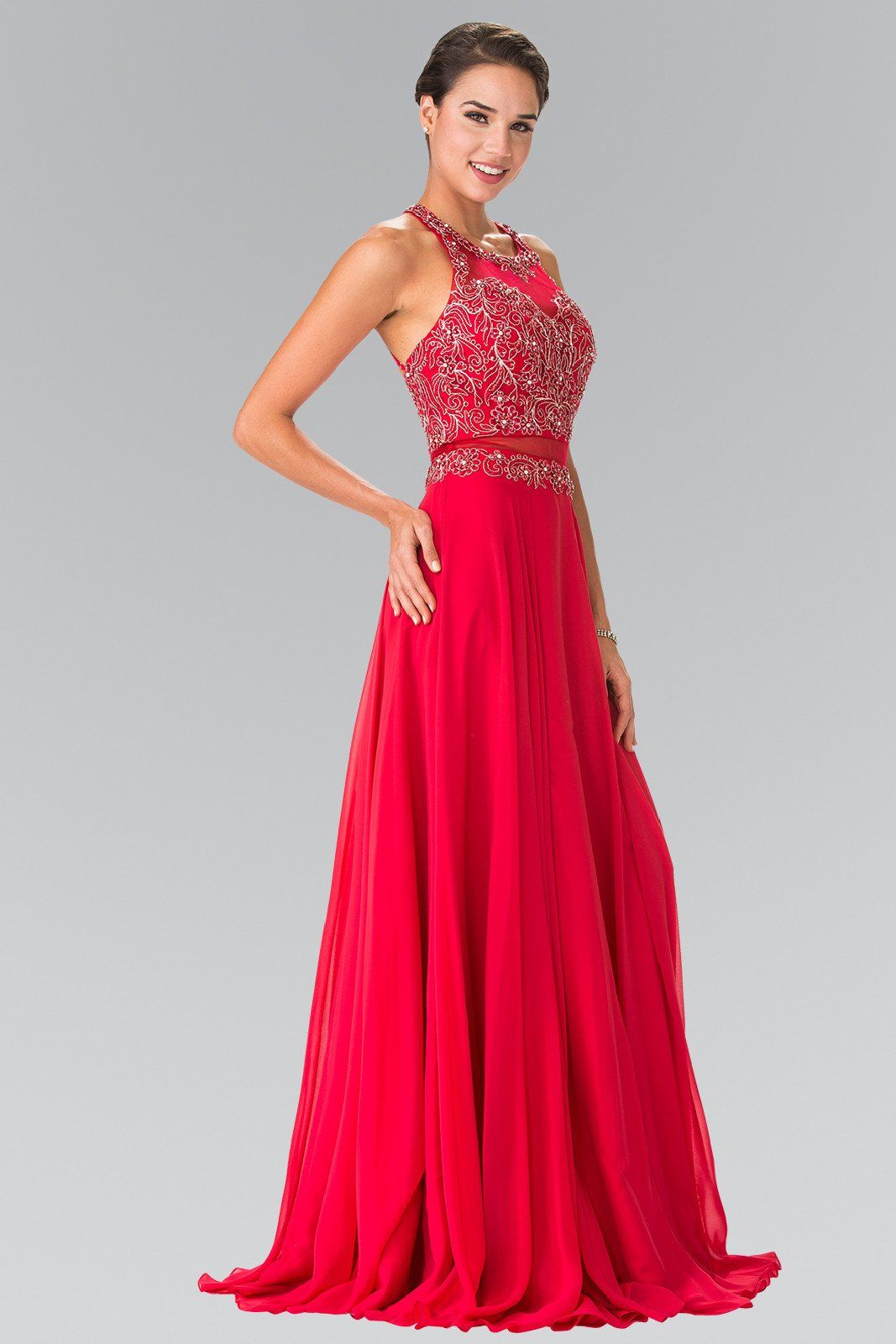 Mock Two-Piece Dress with Beaded Illusion Top by Elizabeth K GL2347-Long Formal Dresses-ABC Fashion
