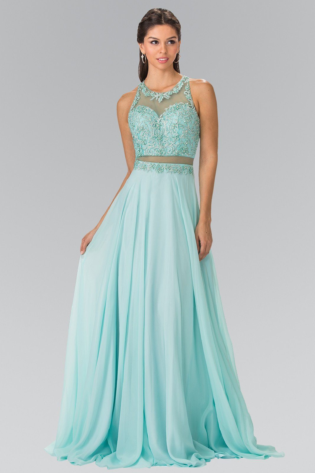 Mock Two-Piece Dress with Beaded Illusion Top by Elizabeth K GL2347-Long Formal Dresses-ABC Fashion