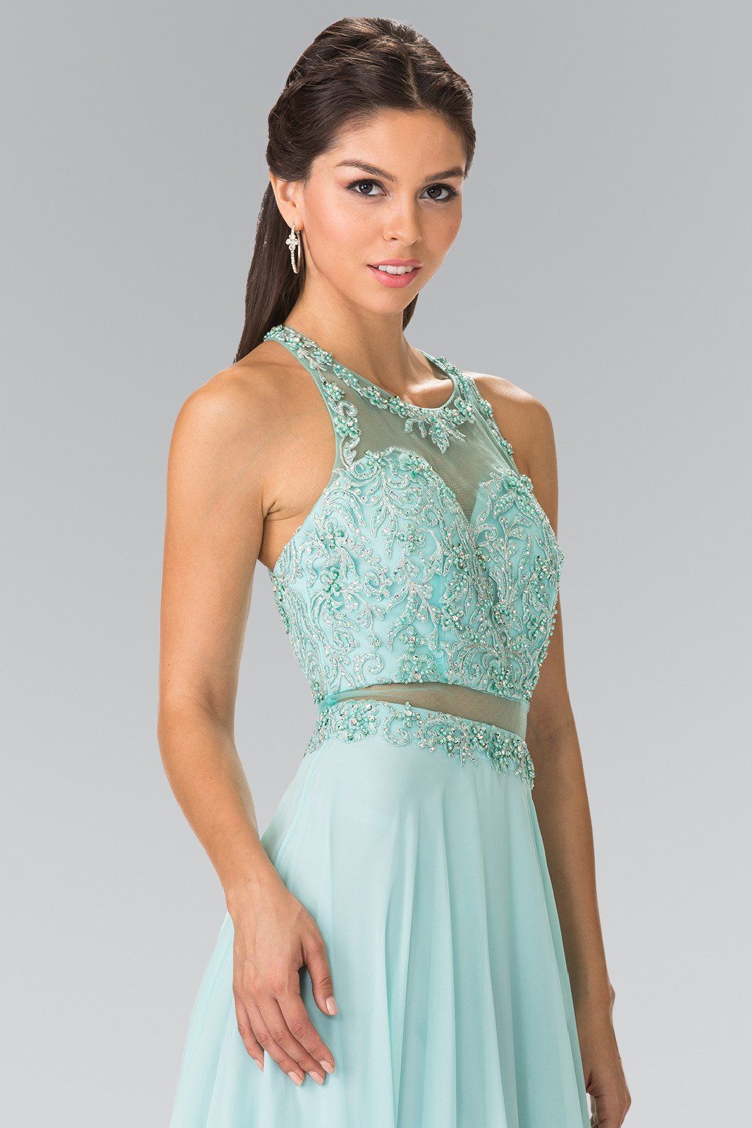 Mock Two-Piece Dress with Beaded Illusion Top by Elizabeth K GL2347-Long Formal Dresses-ABC Fashion