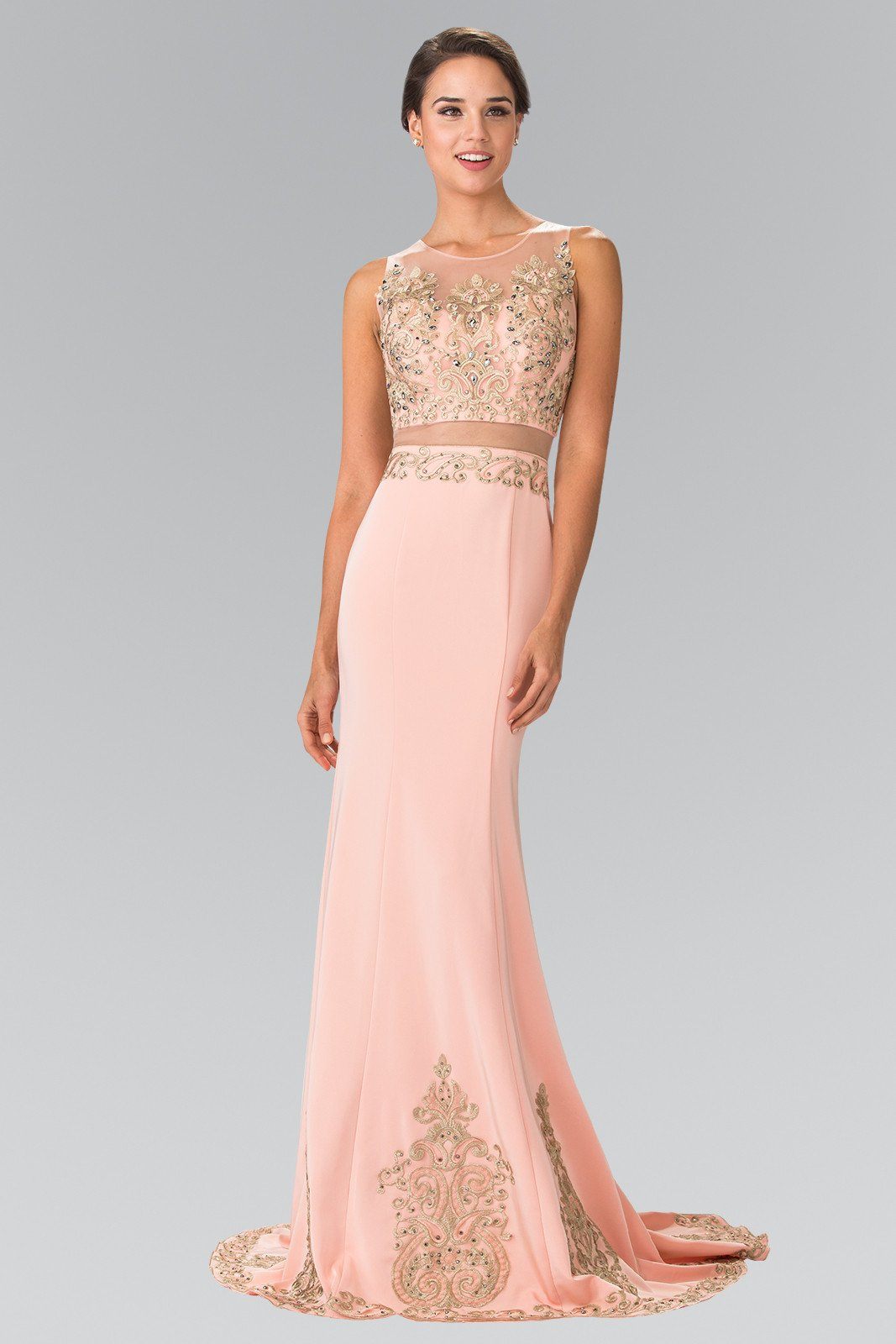 open lace back dress Two Piece Dusty Pink Long Prom Dress Puff Sleeve Formal Dresses Evenin