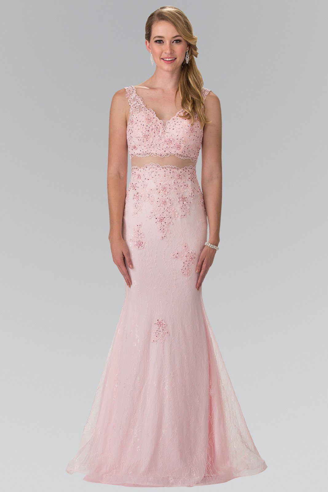 embroidered two piece prom dress Sleeveless Mock Two-Piece Prom Dress with Loyal Embroidery Details M / Blush