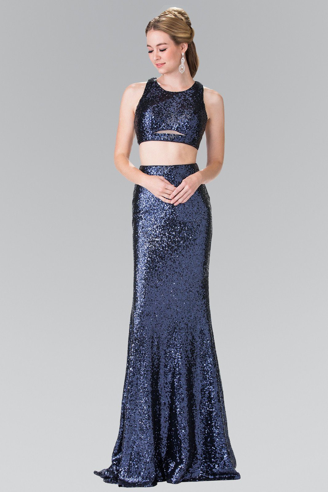 Mock Two-Piece Sequined Dress with Side Cutouts by Elizabeth K GL2333-Long Formal Dresses-ABC Fashion