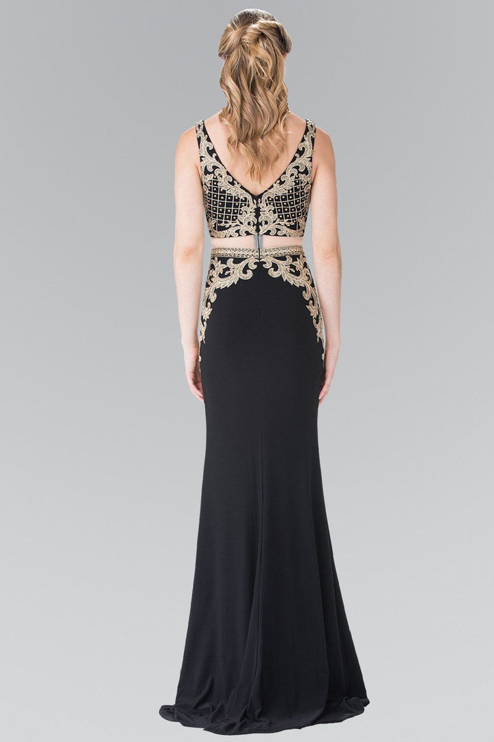 Mock Two-Piece V-Neck Embroidered Dress by Elizabeth K GL2334-Long Formal Dresses-ABC Fashion