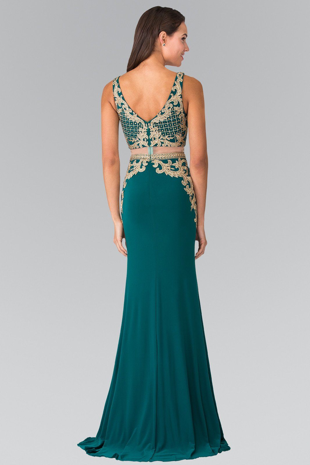 Mock Two-Piece V-Neck Embroidered Dress by Elizabeth K GL2334-Long Formal Dresses-ABC Fashion