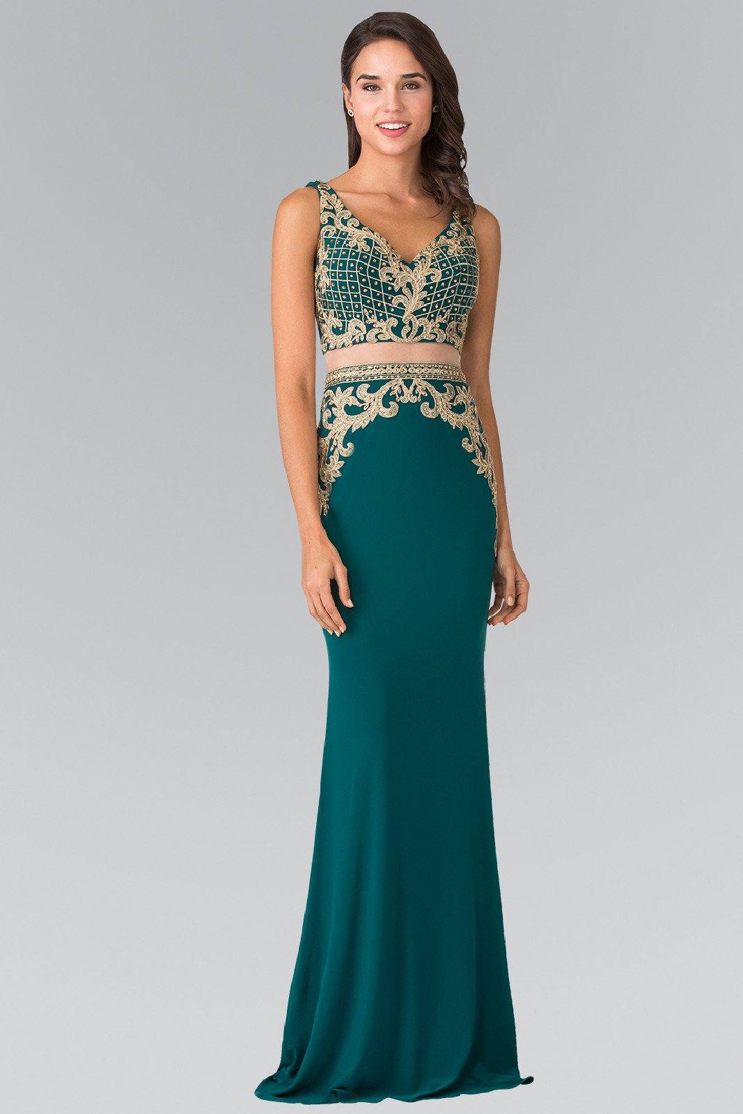 Mock Two-Piece V-Neck Embroidered Dress by Elizabeth K GL2334-Long Formal Dresses-ABC Fashion