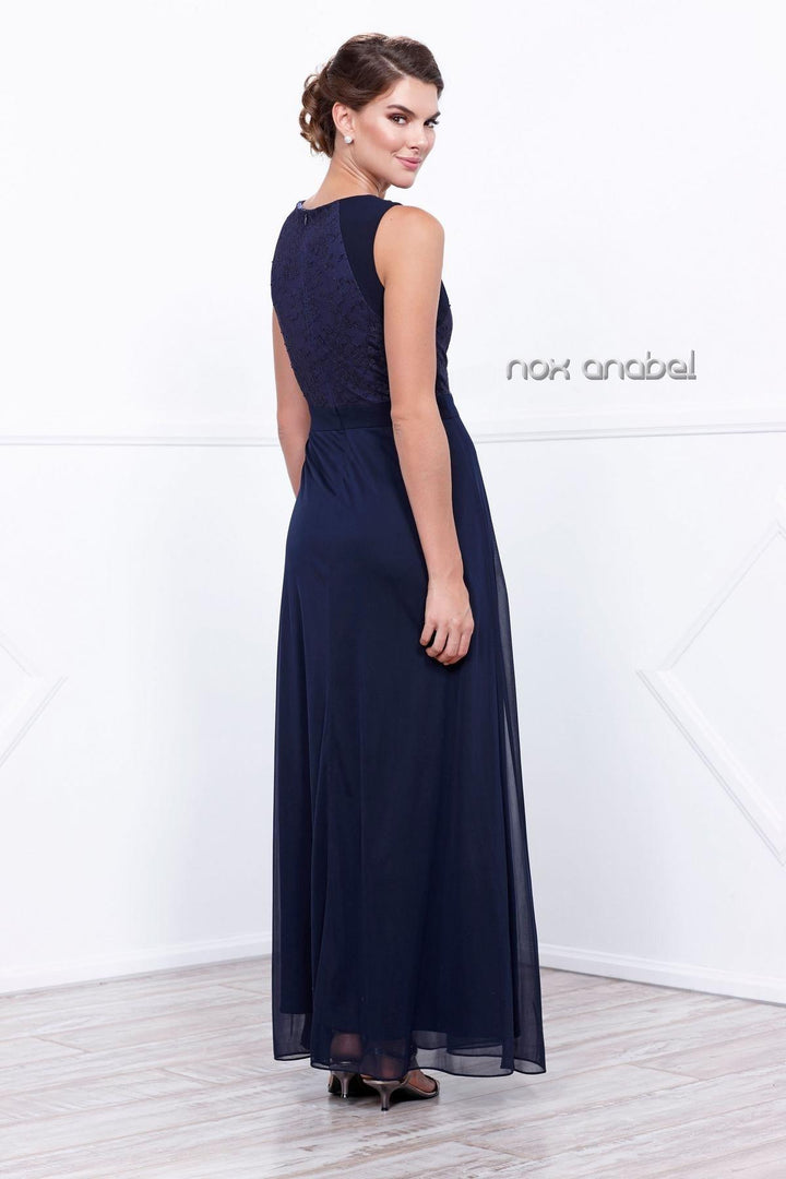 Navy Blue Sleeveless Lace Top Dress by Nox Anabel 5125-Long Formal Dresses-ABC Fashion