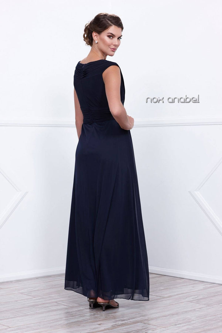 Navy Blue Sleeveless Ruched Bodice Dress by Nox Anabel 5120-Long Formal Dresses-ABC Fashion