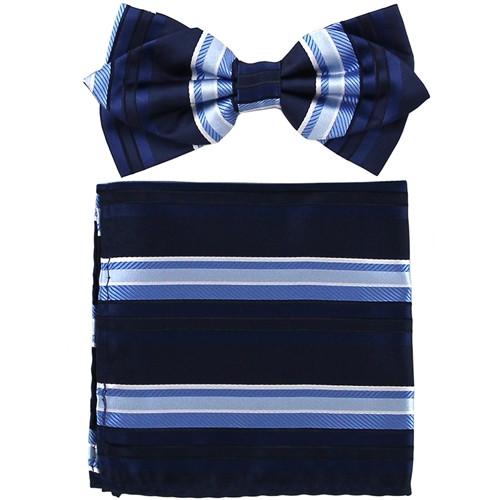 Navy Blue Striped Bow Tie with Pocket Square (Pointed Tip)-Men's Bow Ties-ABC Fashion