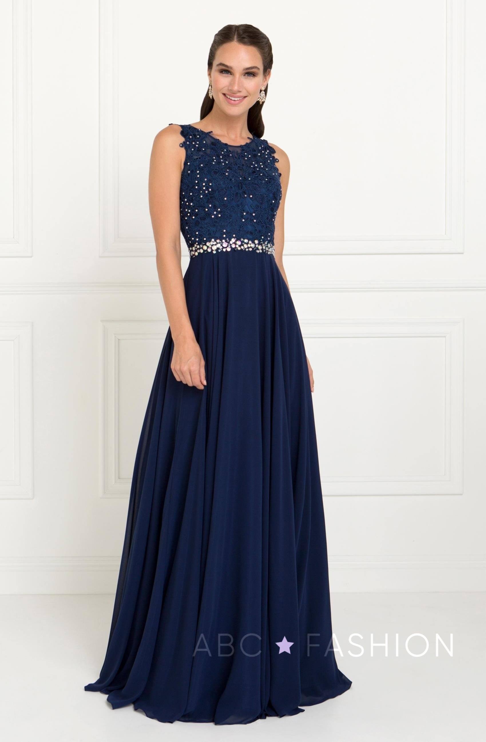 Chiffon and Lace Appliqued Long Dresses Ink Blue