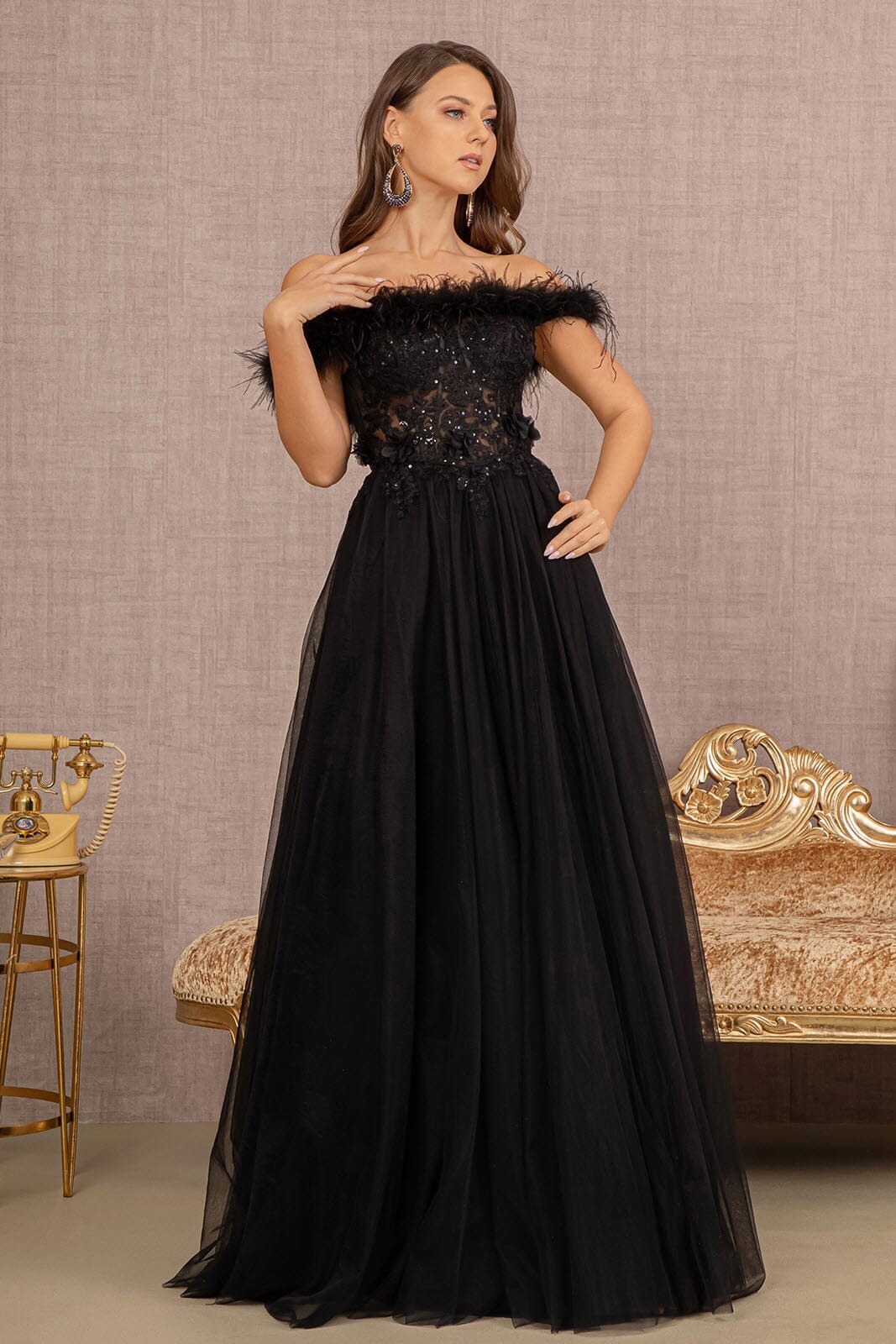 Off Shoulder Feather A-line Gown by GLS Gloria GL3138 ABC Fashion Off Shoulder Feather A-line Gown by GLS Gloria GL3138 ABC Fashion