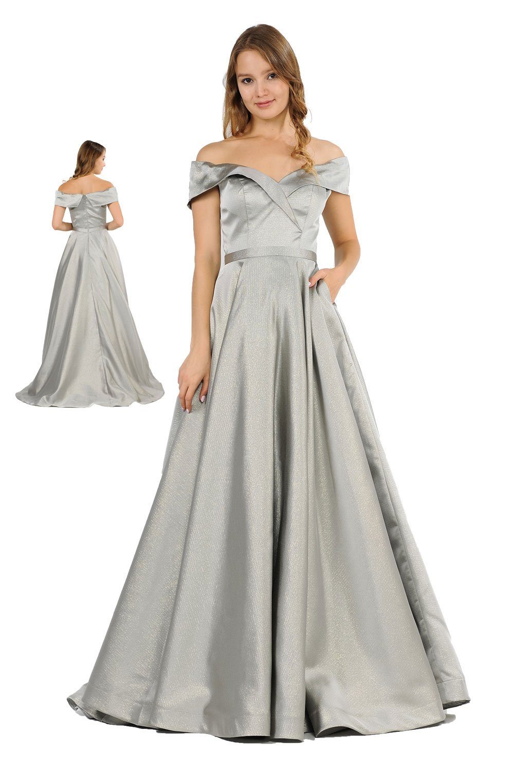 Off the Shoulder Long Shimmer Dress by Poly USA 8460-Long Formal Dresses-ABC Fashion