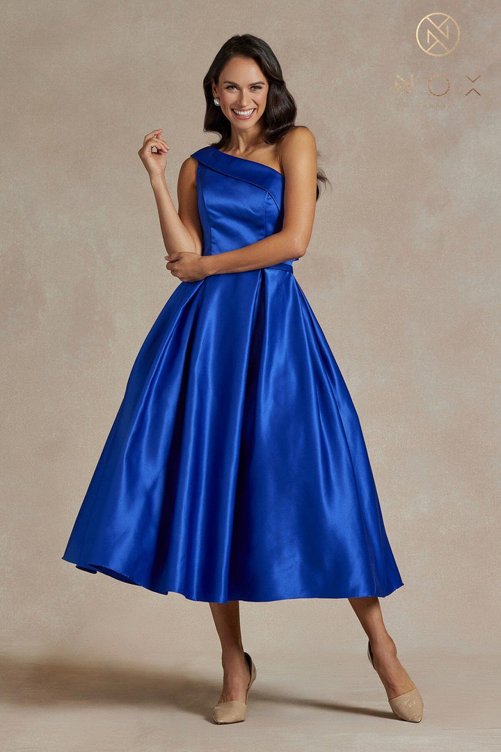 One Shoulder Tea Length Dress by Nox Anabel JE931