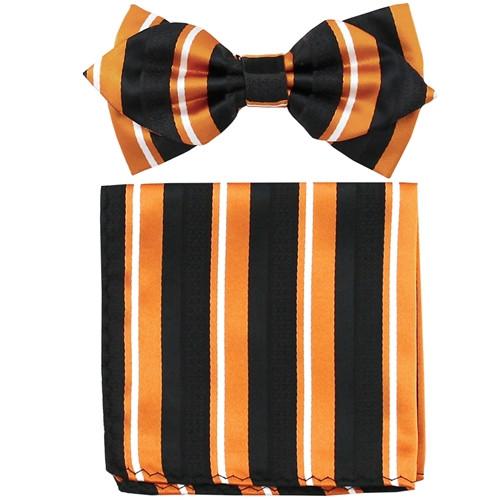 Orange Striped Bow Tie with Pocket Square (Pointed Tip)-Men's Bow Ties-ABC Fashion