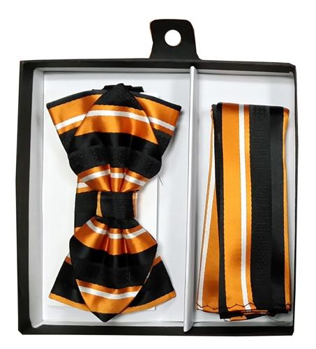 Orange Striped Bow Tie with Pocket Square (Pointed Tip)-Men's Bow Ties-ABC Fashion