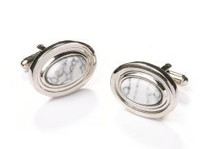 Oval Silver Cufflinks with Gray Marble-Men's Cufflinks-ABC Fashion