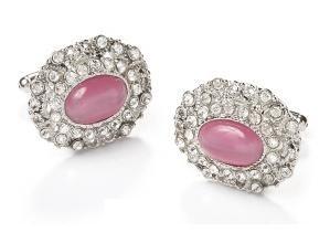 Oval Silver Cufflinks with Pink Stone and Clear Crystals-Men's Cufflinks-ABC Fashion