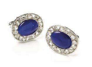 Oval Silver Cufflinks with Sapphire Stone and Crystals-Men's Cufflinks-ABC Fashion