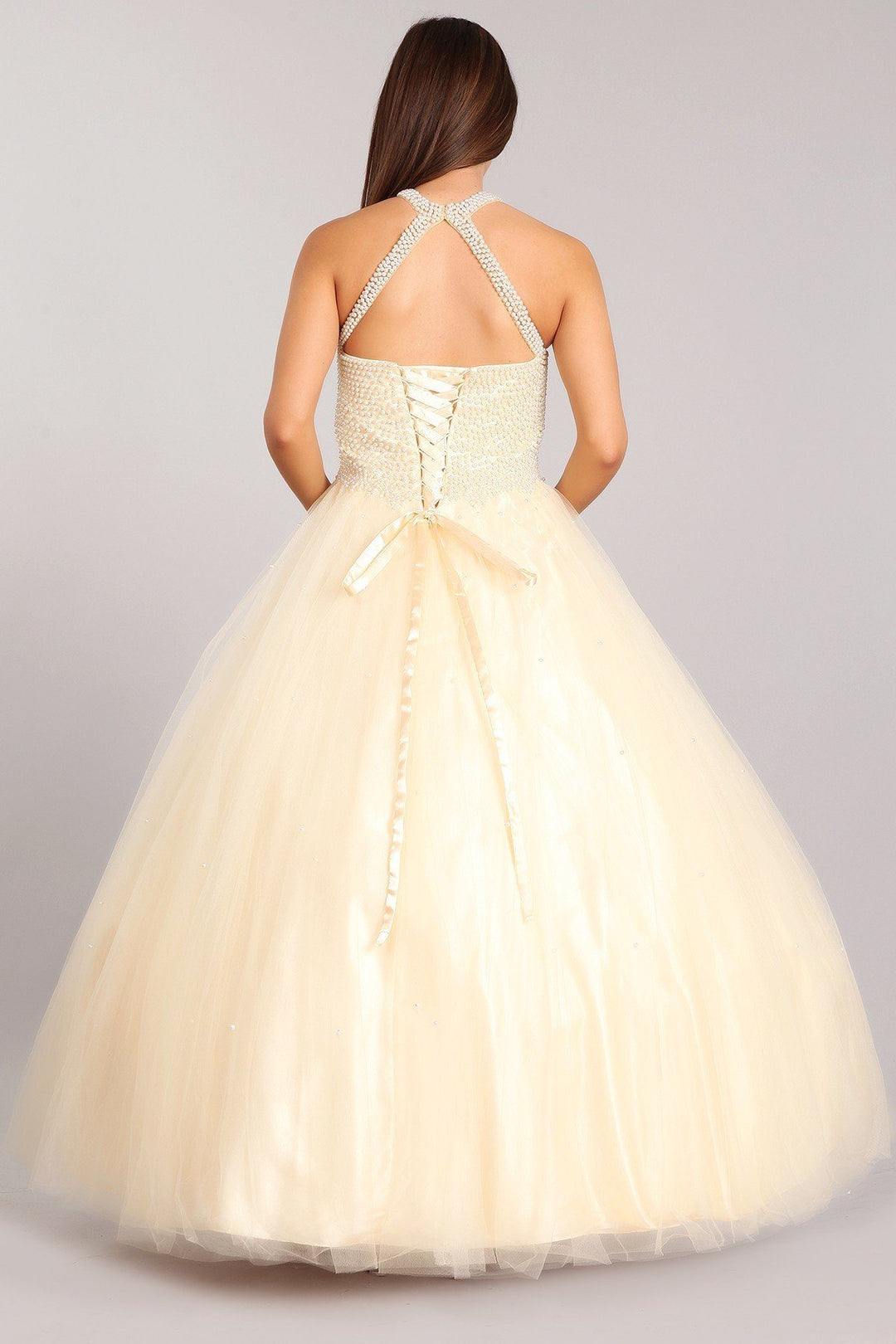 Pearl Beaded Halter Ball Gown by Cinderella Couture 5055