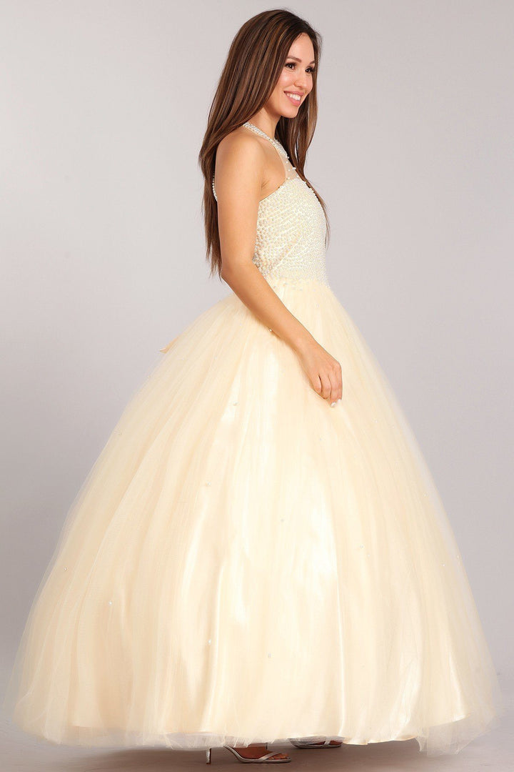 Pearl Beaded Halter Ball Gown by Cinderella Couture 5055