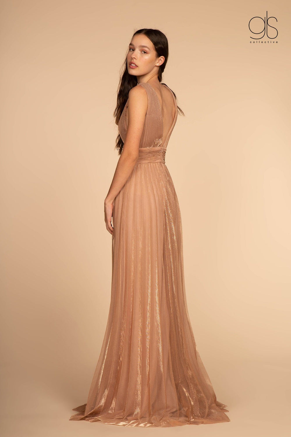 Pleated Long Illusion V-Neck Metallic Dress by Elizabeth K GL2574-Long Formal Dresses-ABC Fashion