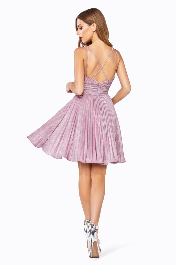 Pleated Short A-line Metallic Dress by Cinderella Divine AM391