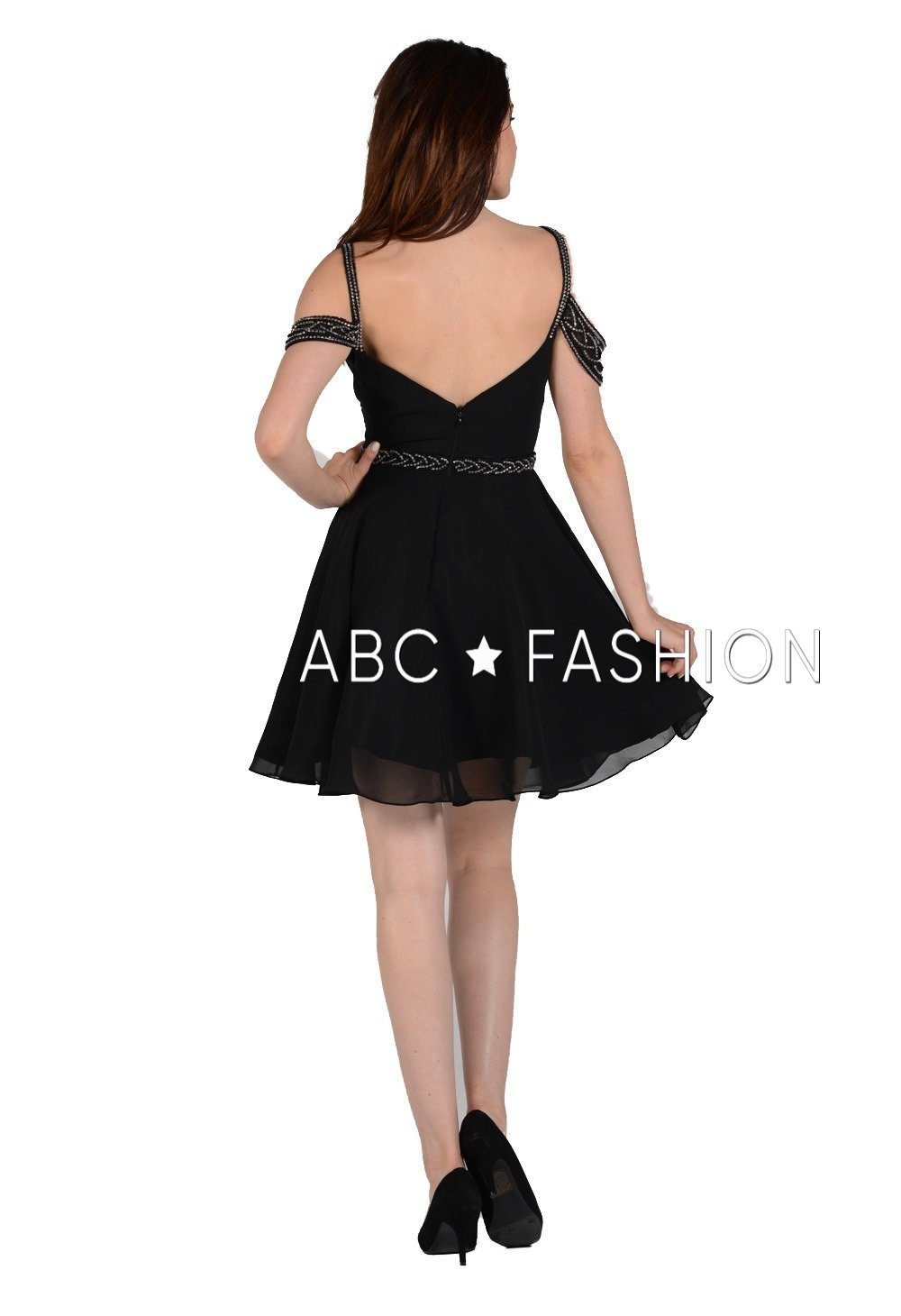 Pleated Short Cold Shoulder Dress with Beaded Straps by Poly USA 8028-Short Cocktail Dresses-ABC Fashion