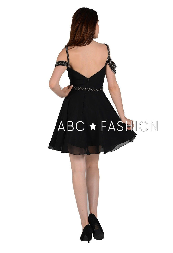 Pleated Short Cold Shoulder Dress with Beaded Straps by Poly USA 8028-Short Cocktail Dresses-ABC Fashion