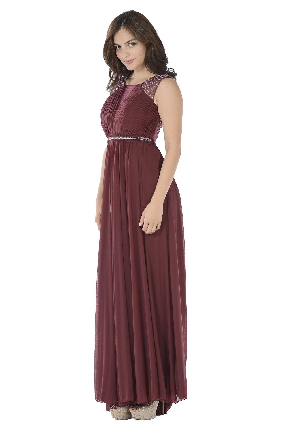Plum Long Ruched Dress with Beaded Sheer Back by Poly USA XS / Red Plum Long Ruched Dress with Beaded Sheer Back by Poly USA XS / Red