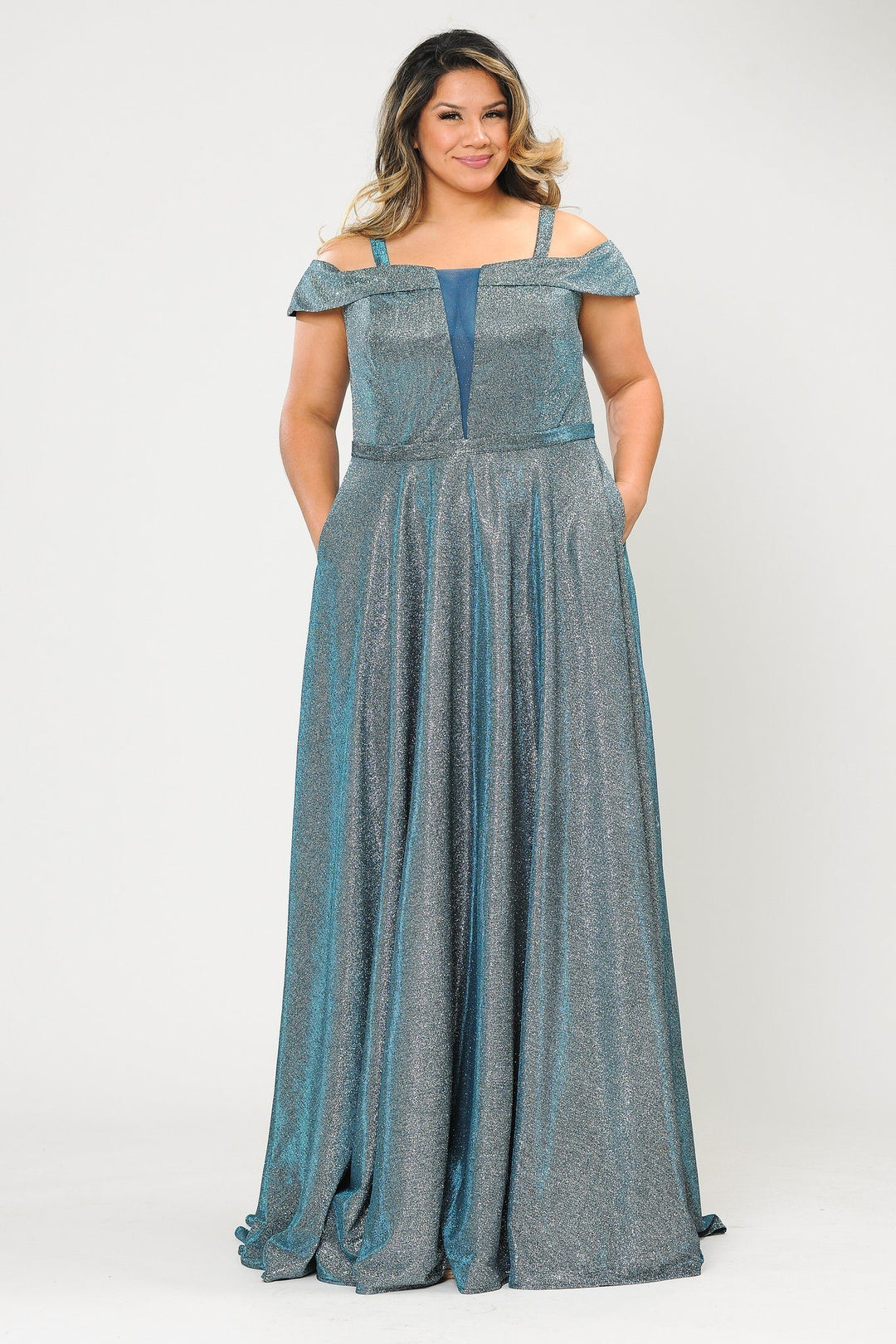 Plus Size Long Off Shoulder Glitter Dress by Poly USA W1060-Long Formal Dresses-ABC Fashion