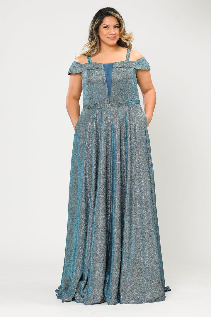 Plus Size Long Off Shoulder Glitter Dress by Poly USA W1060-Long Formal Dresses-ABC Fashion