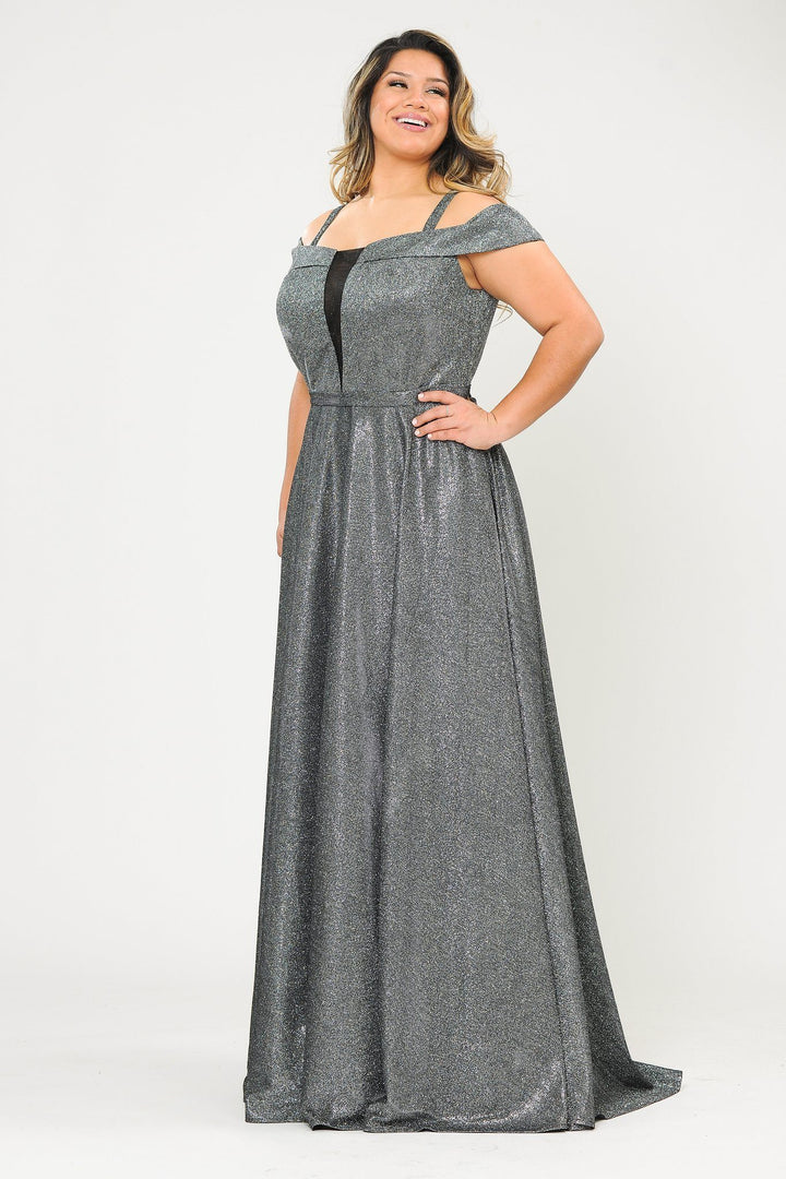 Plus Size Long Off Shoulder Glitter Dress by Poly USA W1060-Long Formal Dresses-ABC Fashion