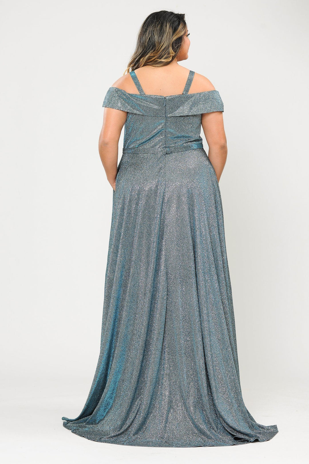 Plus Size Long Off Shoulder Glitter Dress by Poly USA W1060-Long Formal Dresses-ABC Fashion