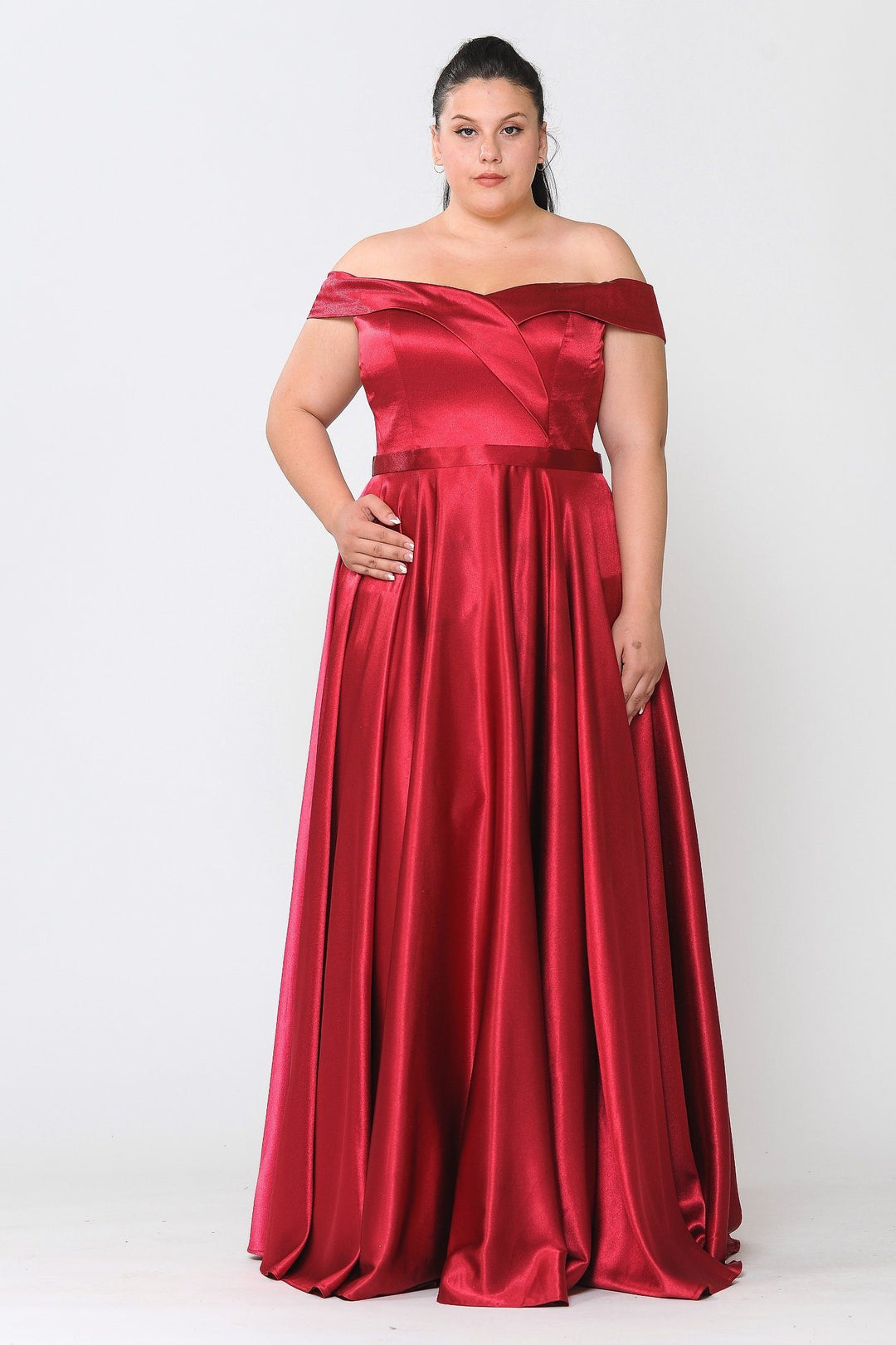 Plus Size Long Off Shoulder Satin Dress by Poly USA W1058