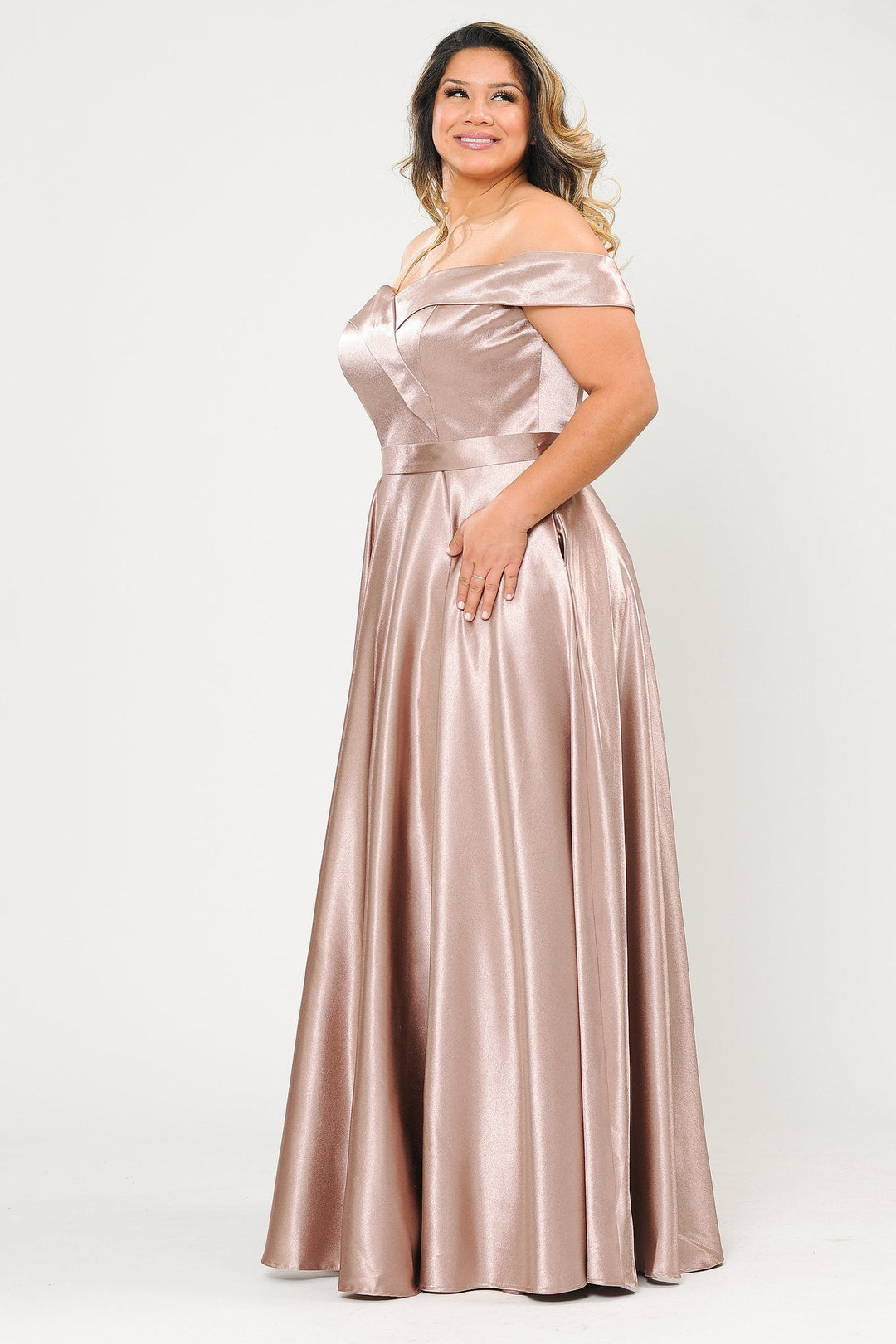 Plus Size Long Off Shoulder Satin Dress by Poly USA W1058