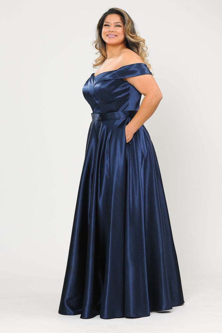 Plus Size Long Off Shoulder Satin Dress by Poly USA W1058 - Outlet
