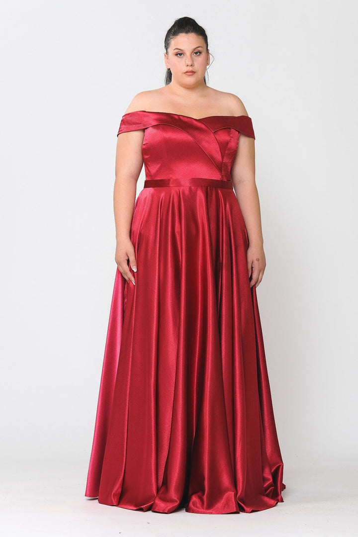 Plus Size Long Off Shoulder Satin Dress by Poly USA W1058