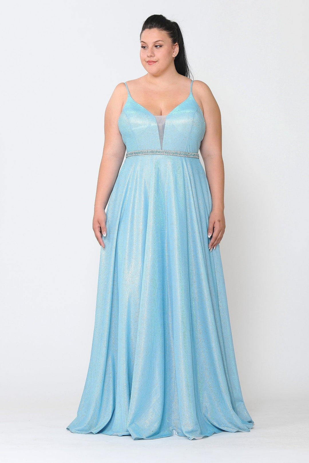 Plus Size Long V-Neck Metallic Glitter Dress by Poly USA W1048
