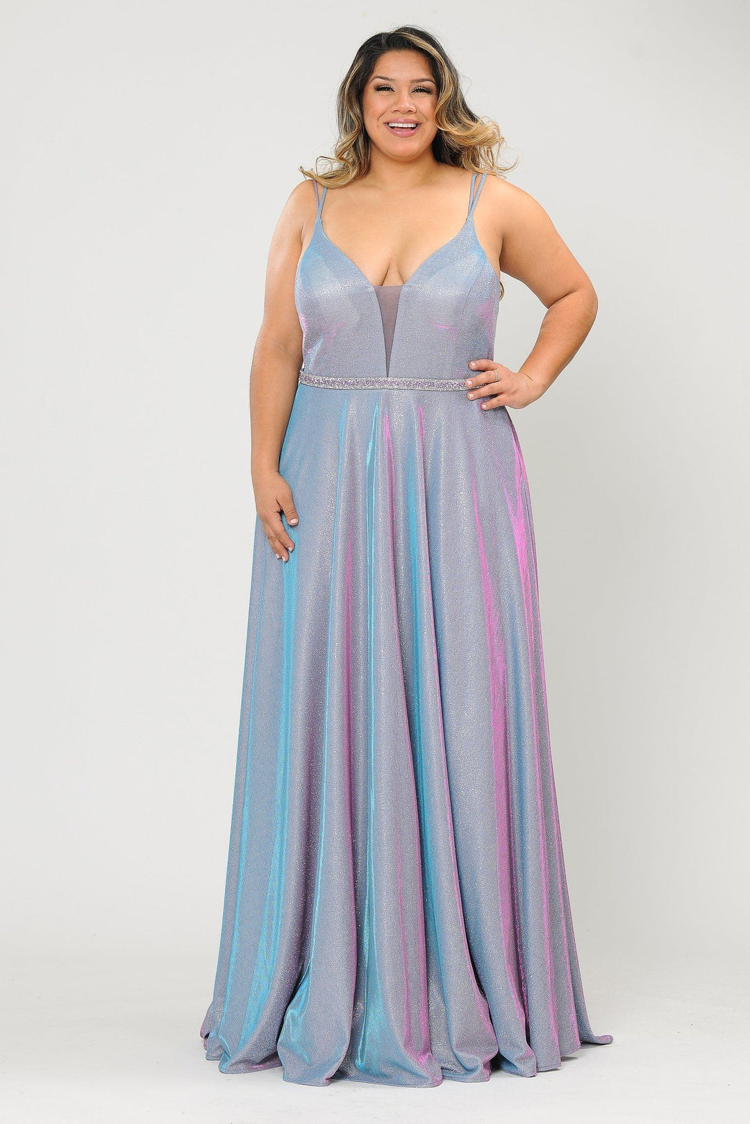 Plus Size Long V-Neck Metallic Glitter Dress by Poly USA W1048