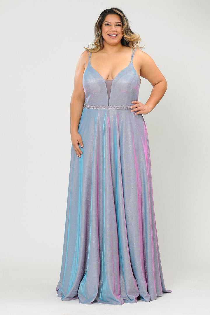Plus Size Long V-Neck Metallic Glitter Dress by Poly USA W1048