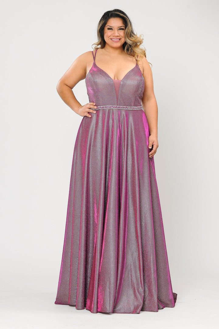 Plus Size Long V-Neck Metallic Glitter Dress by Poly USA W1048