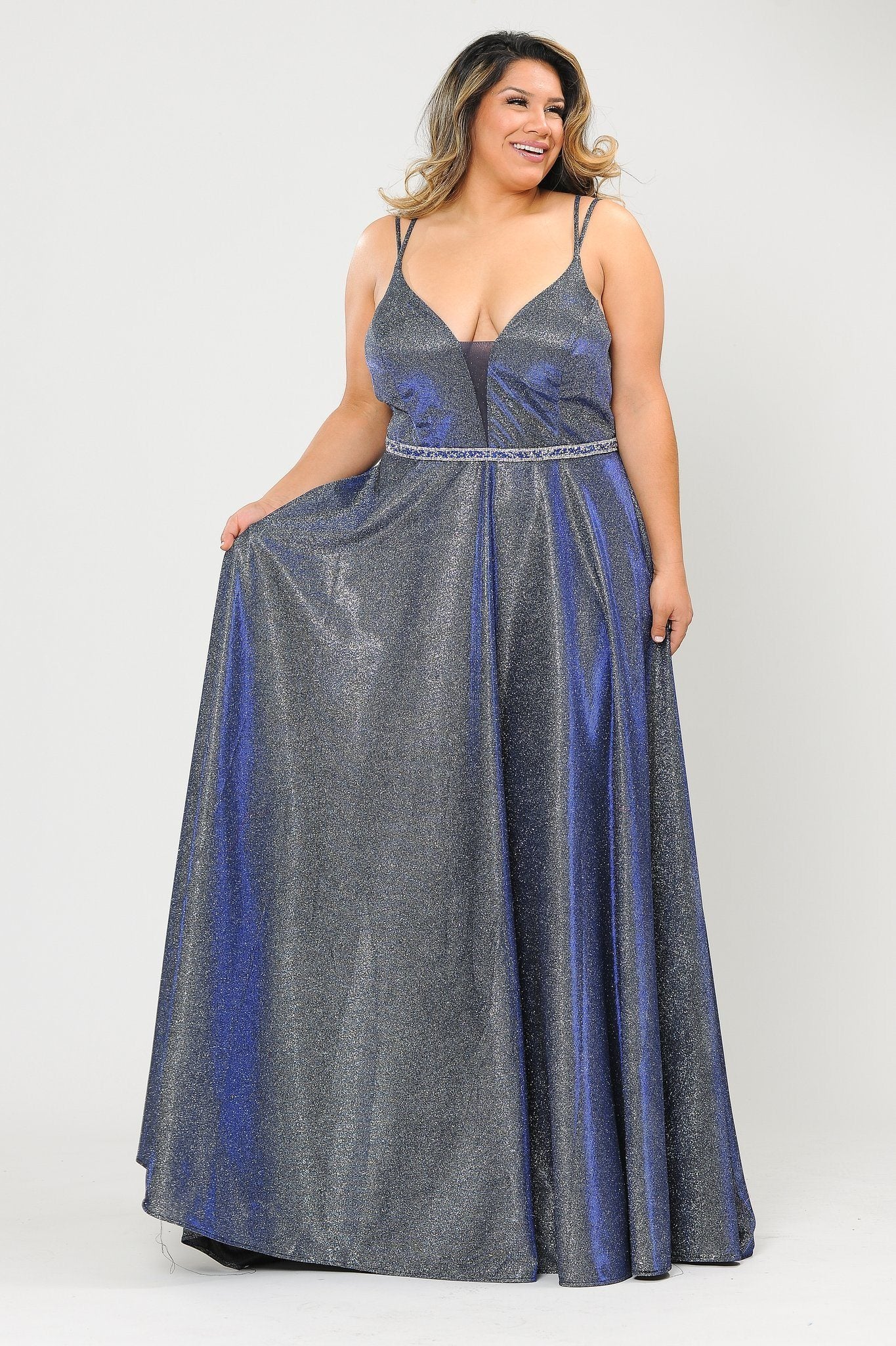 Plus Size Long V-Neck Metallic Glitter Dress by Poly USA W1048 – ABC